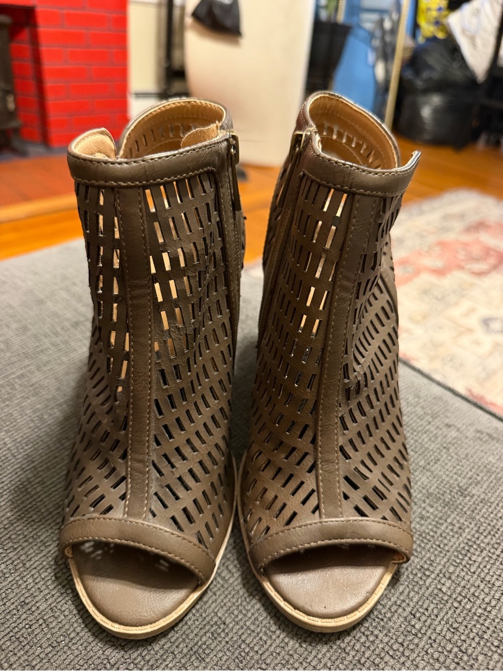 Qupid Brown Laser-Cut Peep-Toe Heeled Booties